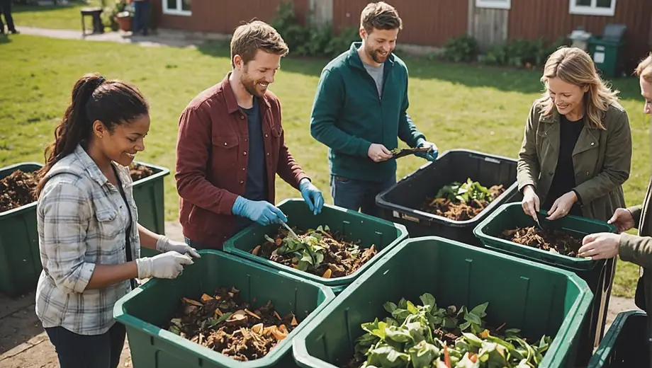 A diverse group of people happily sorting organic waste into bins at a community composting service, promoting sustainable practices and environmental awareness.