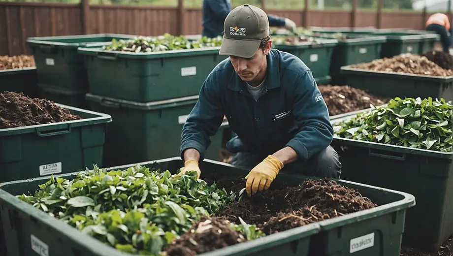 A person in work attire actively sorting organic waste at a composting facility, surrounded by bins labeled for different types of organic materials.