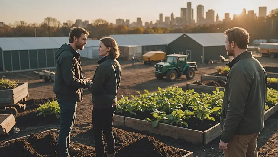 A customer discusses project details with a professional at a compost facility, surrounded by piles of organic materials and composting equipment.