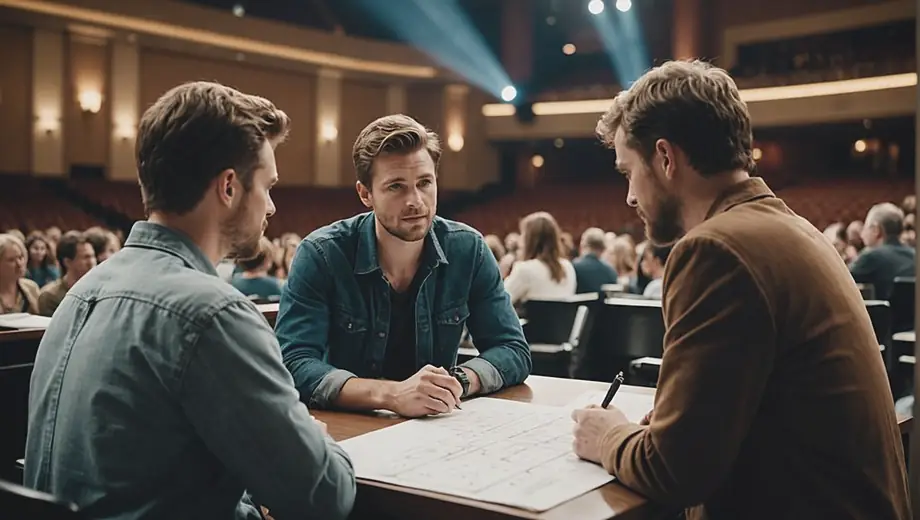 A customer and a professional discuss plans at a Concert Hall, surrounded by architectural blueprints and design elements.