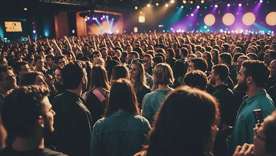 A diverse group of friends enjoying a lively concert at a bustling concert venue, surrounded by colorful lights and energetic crowds.