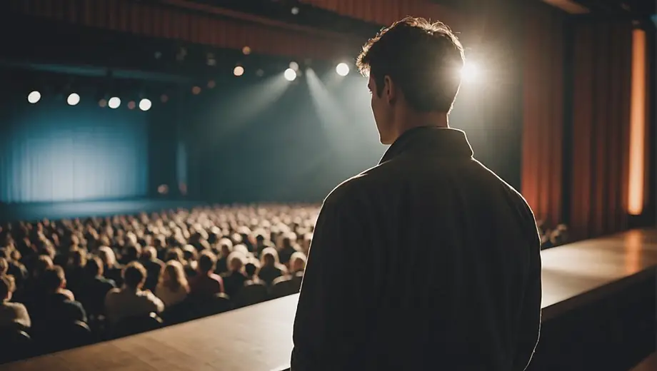A person stands on stage in a performance hall, illuminated by soft lighting, preparing for an upcoming show.