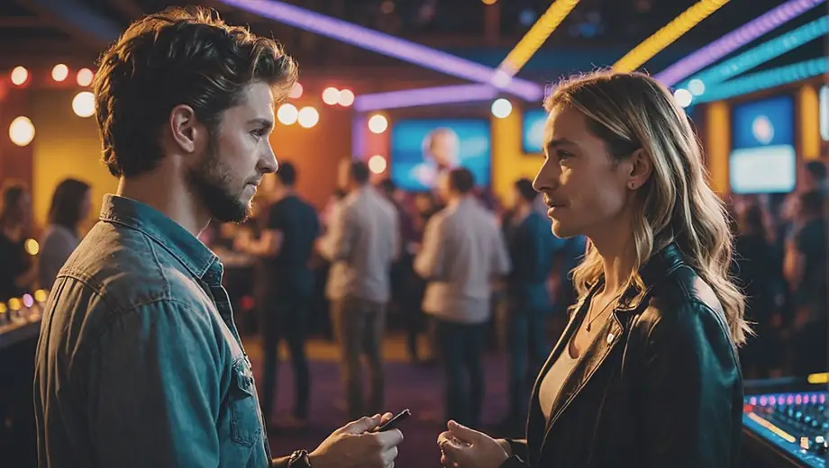 A customer discusses event details with a professional at a vibrant music venue, surrounded by colorful stage lights and musical equipment.