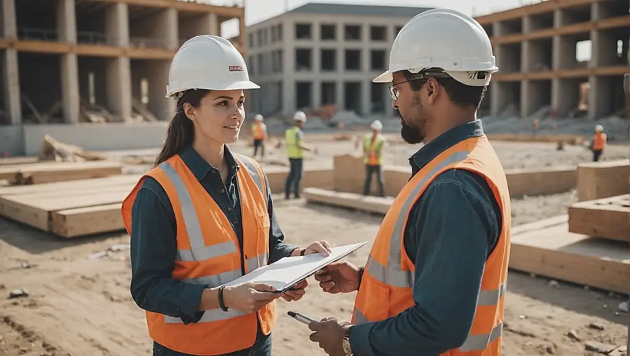 A customer and a professional discuss project details on a construction site, surrounded by building materials and equipment.