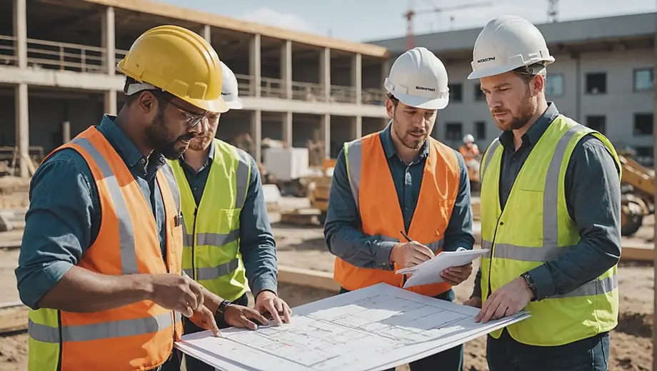A diverse group of workers from a construction company collaborates on a building site, discussing plans and reviewing blueprints while surrounded by machinery and materials.