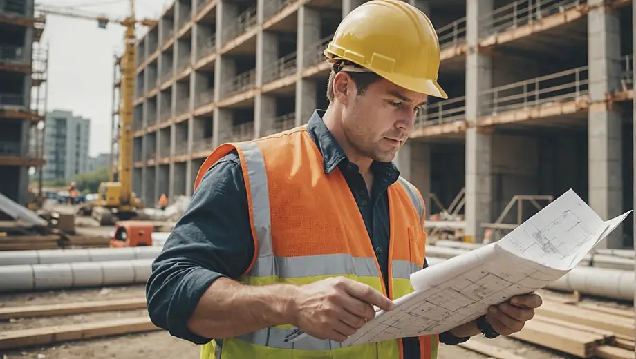 A construction firm worker in a hard hat and safety vest inspects blueprints at a building site, surrounded by scaffolding and construction materials.
