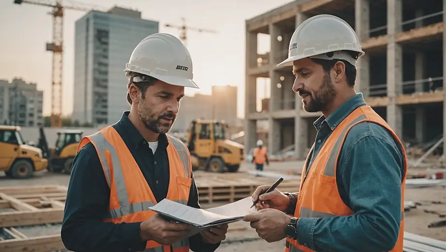 A building contractor discusses project details with a customer on-site, surrounded by construction materials and equipment, highlighting collaboration and planning.