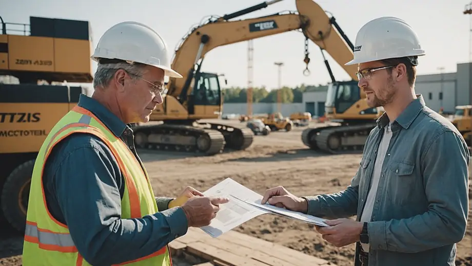 A customer discusses project details with a professional on site, surrounded by various construction equipment, including excavators and cranes, showcasing a collaborative work environment.