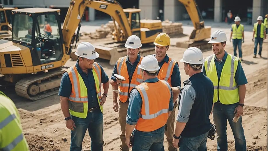 A group of diverse construction workers collaborating on a site, surrounded by various construction equipment supplied by a reliable construction equipment supplier.