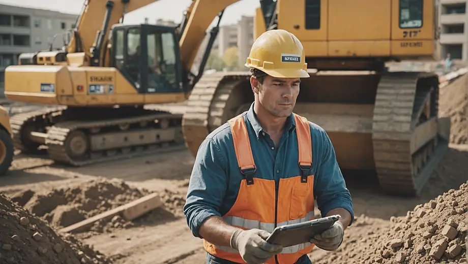 A construction worker in a hard hat operates heavy machinery on a job site, surrounded by piles of dirt and building materials.