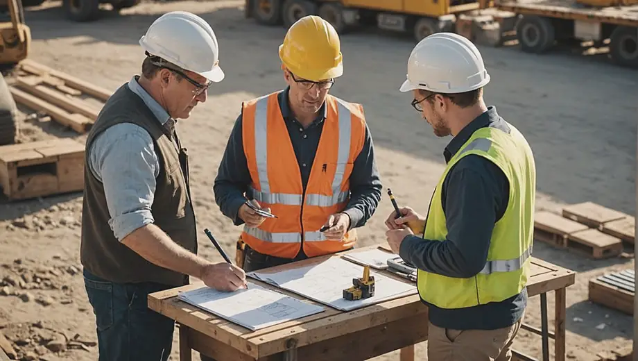 A customer and a professional discuss building tools on a construction site, surrounded by various equipment and materials. The professional points to a tool while the customer takes notes, both engaged in a productive conversation.