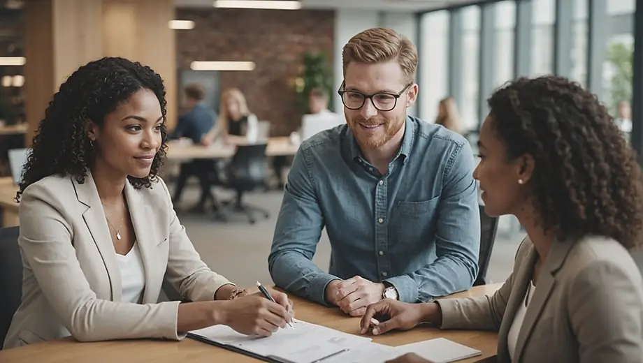 A diverse group of professionals collaborating in a modern office space, discussing strategies for a consulting firm.
