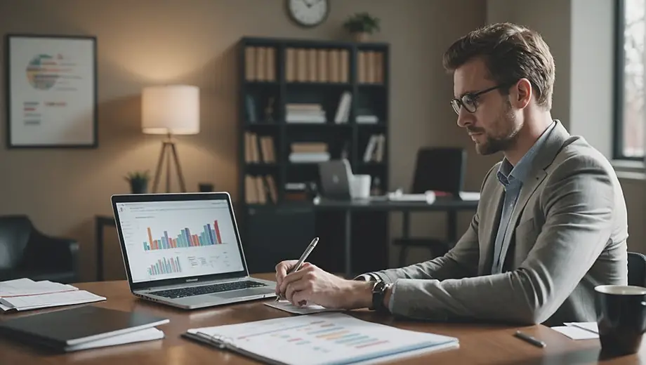 A business consultant analyzing data on a laptop while sitting at a modern office desk, surrounded by charts and documents.