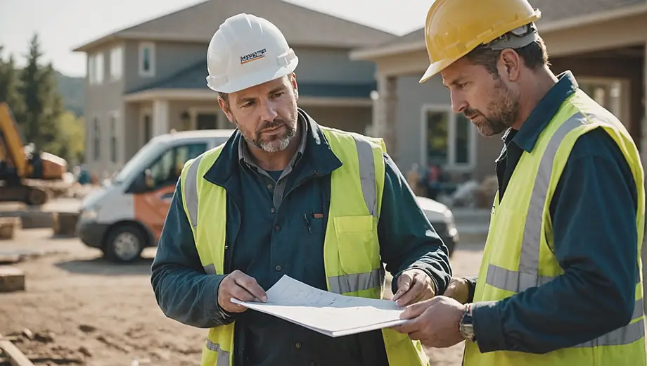 A contractor discusses project details with a customer on-site, reviewing plans and inspecting the work area together.