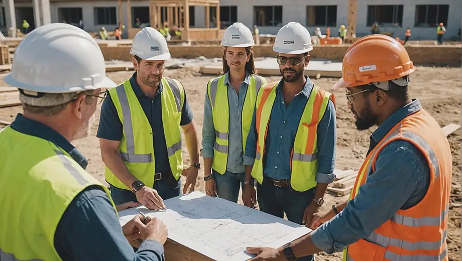 A diverse group of people collaborates on a construction site, with a general contractor overseeing the project and discussing plans with workers and architects.