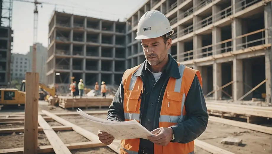 A building contractor stands on a construction site, reviewing blueprints while surrounded by scaffolding and construction materials.