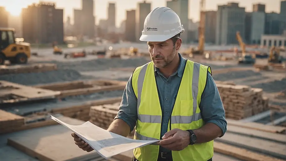 A construction contractor discusses project details with a customer on-site, surrounded by building materials and equipment.
