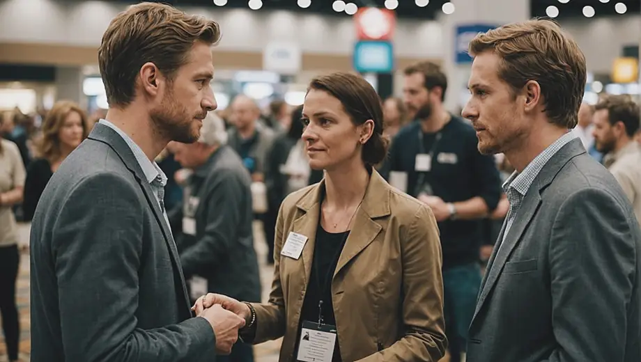 A customer and a professional engage in discussion at a Convention Center, surrounded by event displays and attendees.