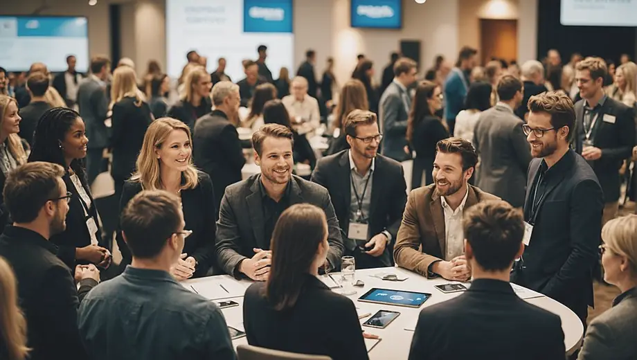A diverse group of people engaged in discussions and networking at a modern event center, surrounded by banners and displays showcasing various activities.