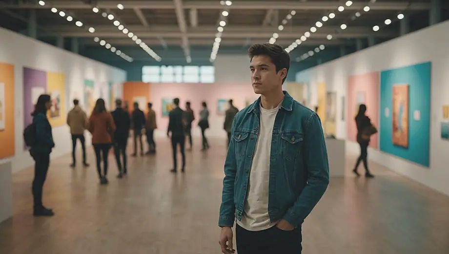 A person stands in the center of a spacious exhibition hall, surrounded by vibrant displays and artwork, engaging with the exhibits.