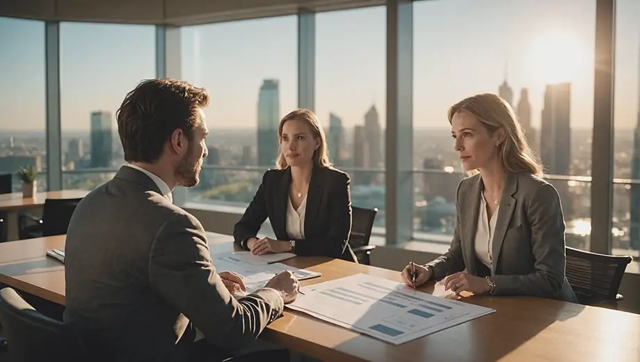 A customer and a professional discuss plans at a conference center, surrounded by modern amenities and spacious meeting rooms.