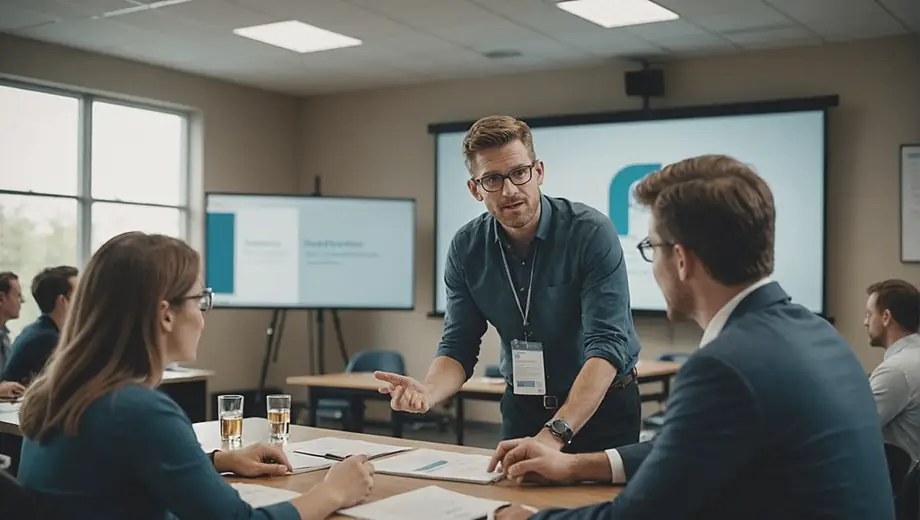 A customer and a professional engage in a discussion during a Corporate Training session, surrounded by training materials and a projector displaying presentation slides.
