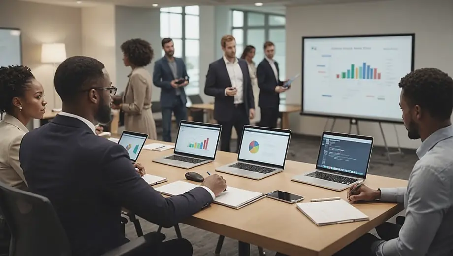 A diverse group of professionals engaged in business training, collaborating around a conference table with laptops and notepads, while a facilitator presents concepts on a whiteboard.