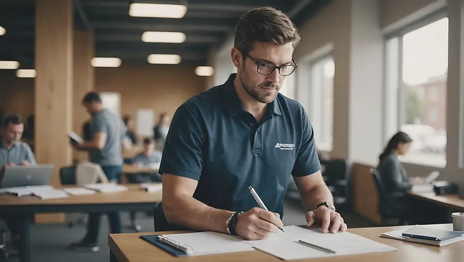 A focused employee engaged in training on-site, attentively reviewing materials and taking notes.