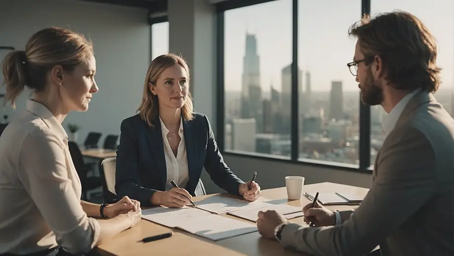 A corporate coaching session in progress, featuring a professional guiding a customer through team-building exercises in a bright, modern office space.
