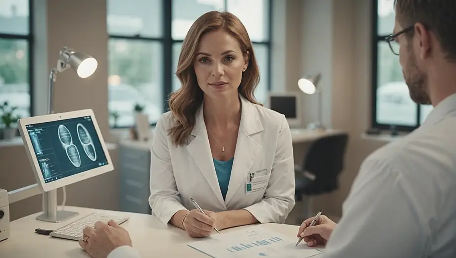 A customer consults with a professional on site about cosmetic surgery, discussing options and procedures in a bright, welcoming clinic environment.