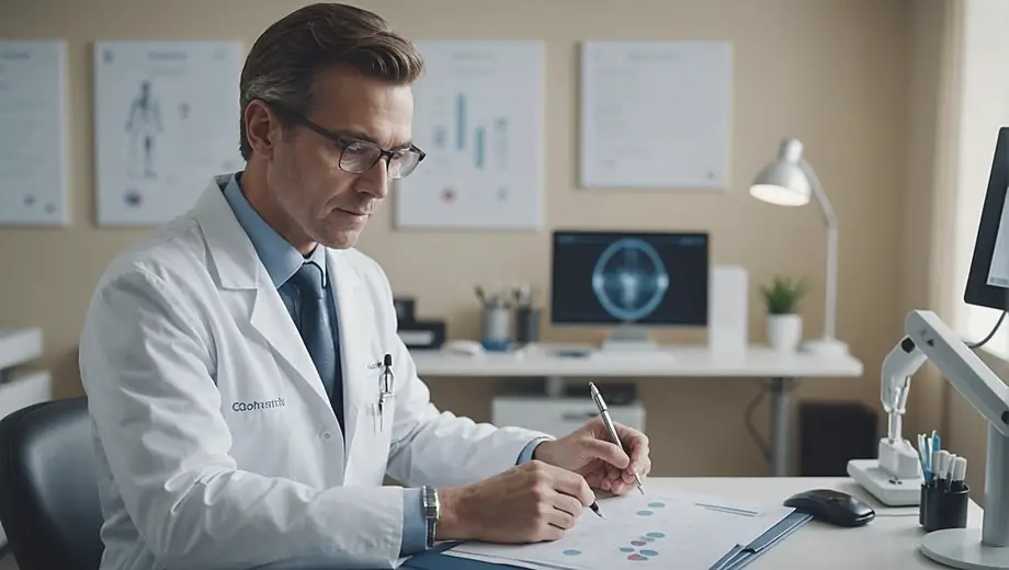 A cosmetic surgeon in a white coat examines a patient's chart in a modern clinic, surrounded by medical equipment and a calming atmosphere.