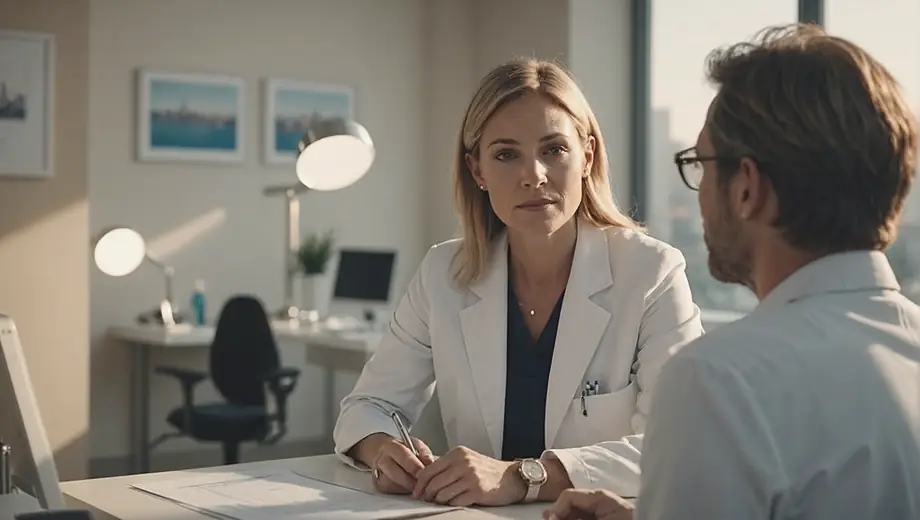 A customer consults with a professional at an aesthetic clinic, discussing treatment options in a modern, well-lit environment.