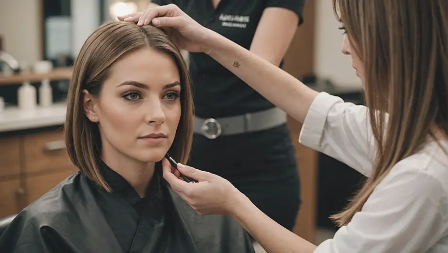 A customer receives a hair treatment from a professional at a cosmetology school, showcasing hands-on training in a modern salon environment.
