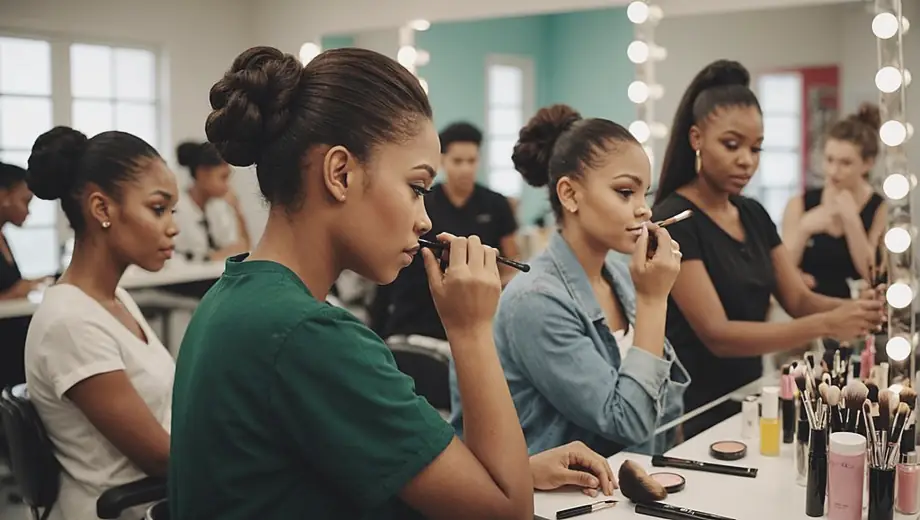 A diverse group of students practicing makeup techniques in a beauty school classroom, surrounded by mirrors and beauty products.
