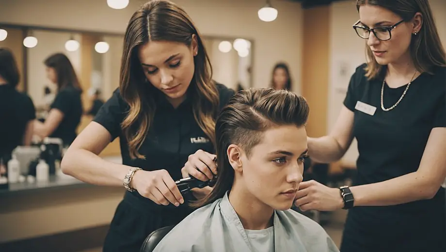 A student practicing hairstyling techniques at a hairstyling school, focused on perfecting their skills with a mannequin.