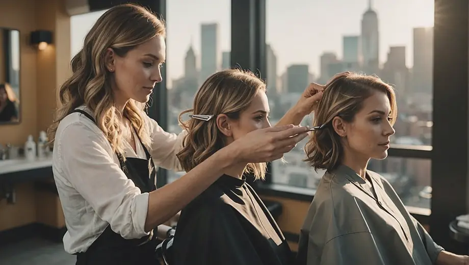 A customer receives a hairstyling service from a professional during a cosmetology training session, showcasing hands-on learning in a salon environment.