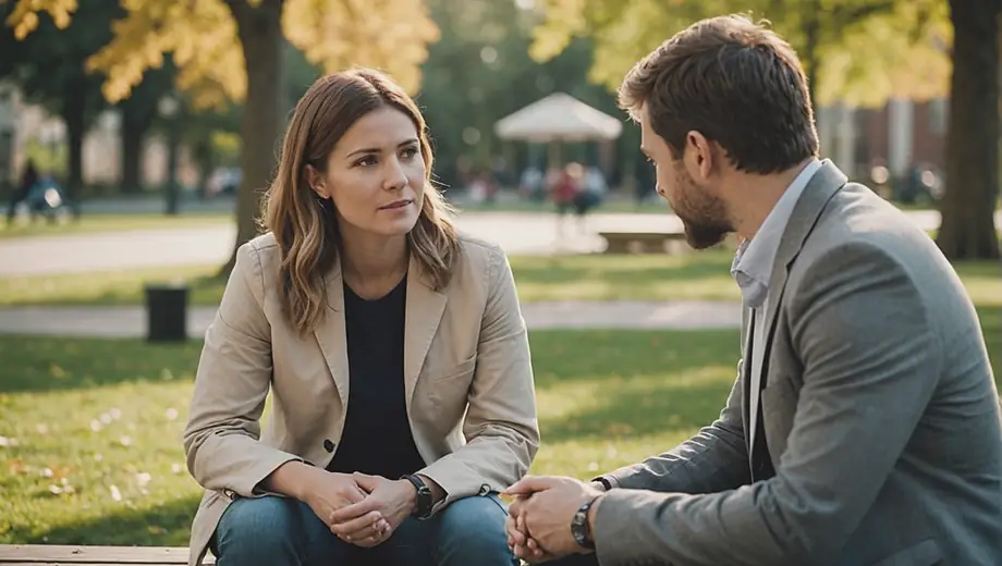 A customer and a professional engage in a counseling session outdoors, discussing strategies and support while sitting on a bench in a serene park setting.
