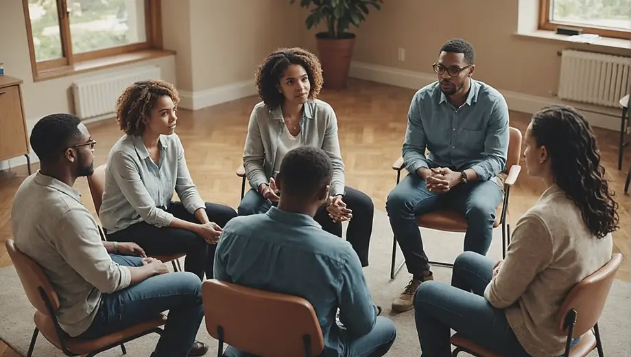 A diverse group of individuals engaged in a counseling session, discussing their feelings and experiences with the support of a trained counselor, highlighting the importance of counseling services for mental health and well-being.