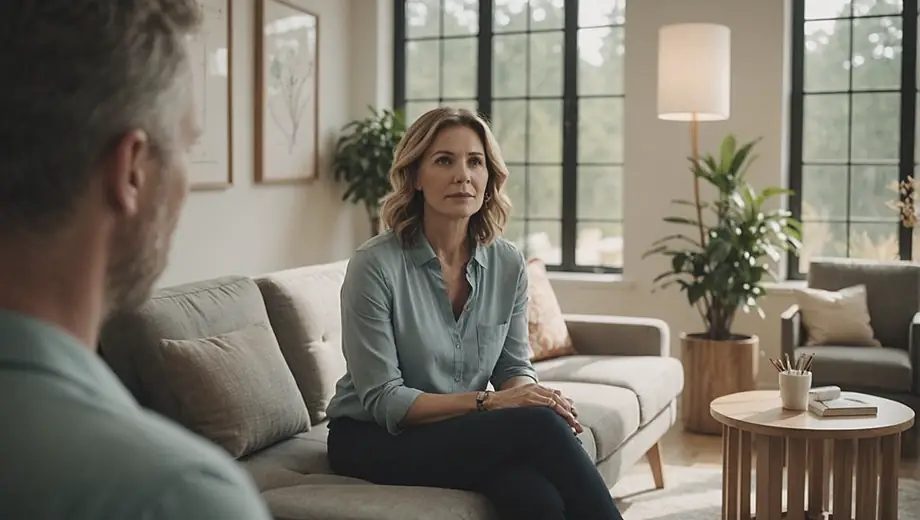 A therapist sits in a cozy therapy clinic, engaged in a thoughtful conversation with a client, surrounded by calming decor and natural light.