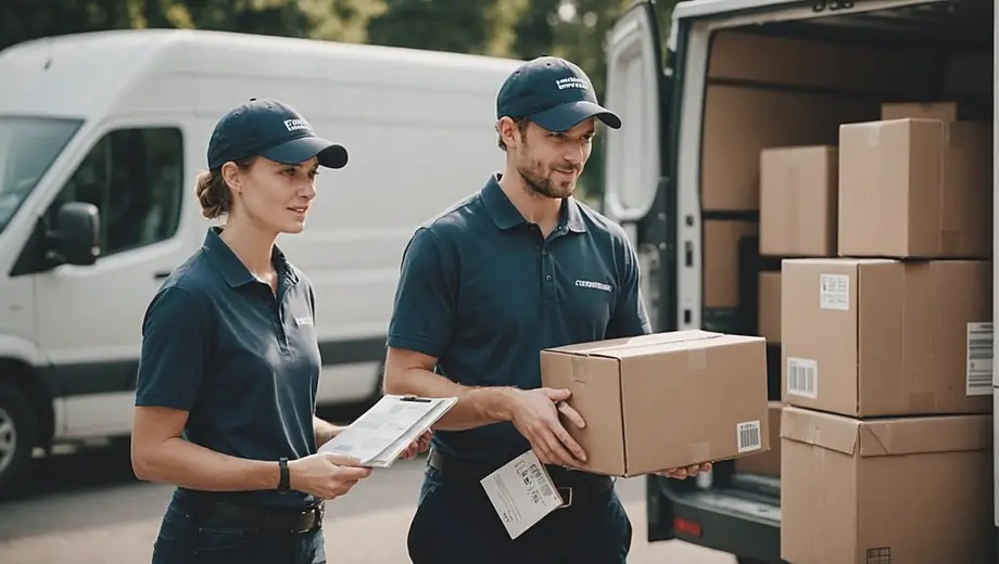 A customer and a professional courier stand together on-site, discussing delivery details while surrounded by packages and a delivery vehicle.