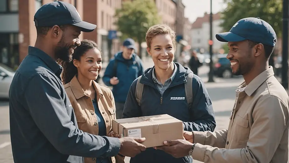 A diverse group of people interacting with a courier service, including a delivery person handing over a package to a smiling customer at a busy urban location.