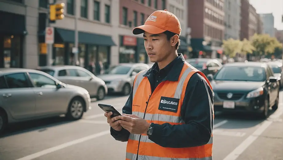 A delivery service worker stands at a bustling city intersection, holding a package and checking their mobile device for directions.