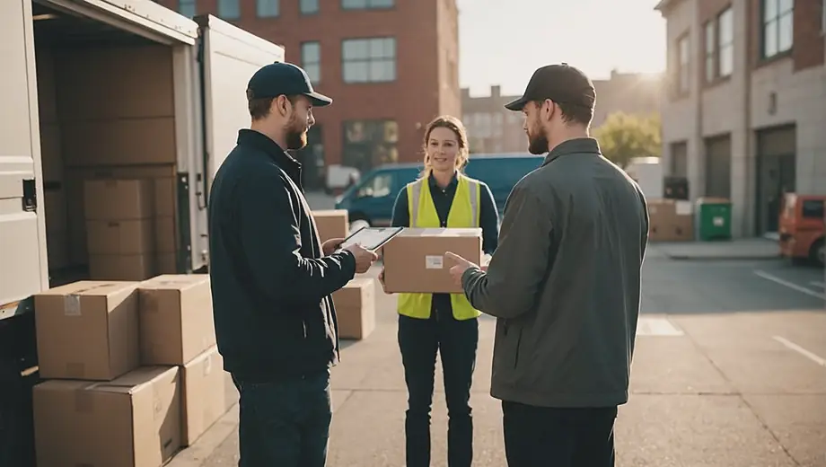 A customer and a professional discuss package delivery logistics at a loading dock, with boxes and delivery vehicles in the background.