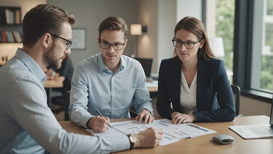 A customer discusses financial documents with a CPA on site, both focused and engaged in the conversation. The CPA is pointing to a chart on a laptop, while the customer takes notes, highlighting a collaborative atmosphere.
