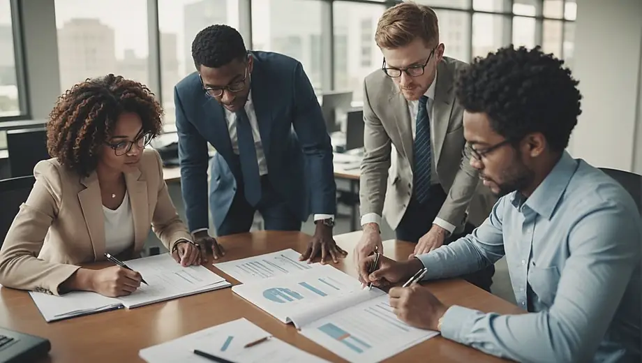 A group of diverse individuals collaborates in an office setting, with one person pointing at a financial report while another takes notes, highlighting the teamwork of certified public accountants.