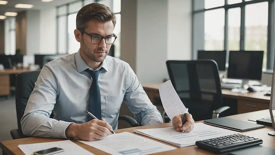 A professional accountant from a CPA firm reviews financial documents at a modern office desk, focused on ensuring accuracy and compliance.