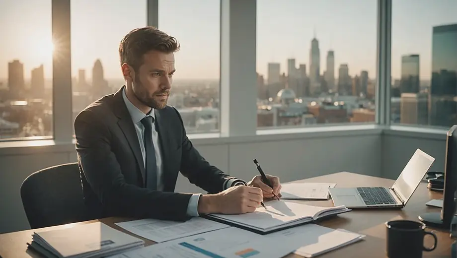 A customer discussing financial documents with a professional tax CPA at a desk, surrounded by paperwork and a laptop, in a bright office setting.