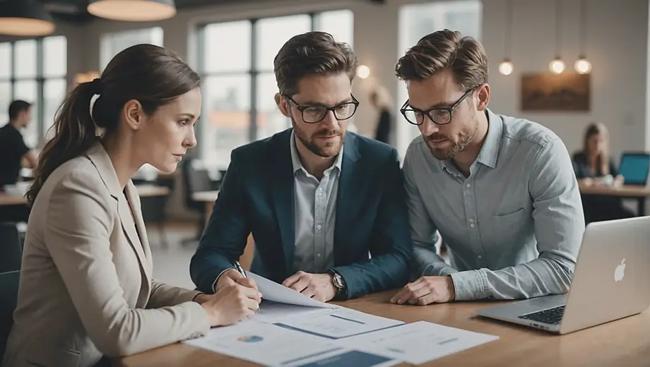 A customer and a professional are engaged in a discussion on site, with documents and a laptop open between them, focusing on strategies for effective credit repair.