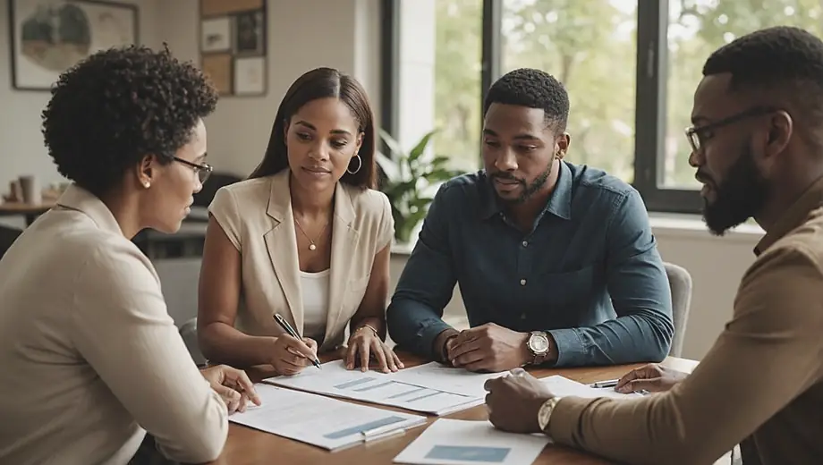 A diverse group of individuals sitting around a table, discussing strategies and reviewing documents related to a credit repair service.