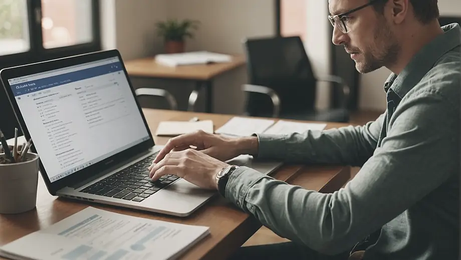 A person sitting at a desk with a laptop, engaged in a credit counseling session, surrounded by financial documents and a notepad.